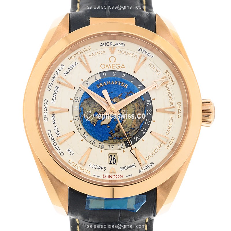Omega Seamaster Replica - 18kt Rose Gold - Automatic - Silver Dial - Blue Alligator Strap