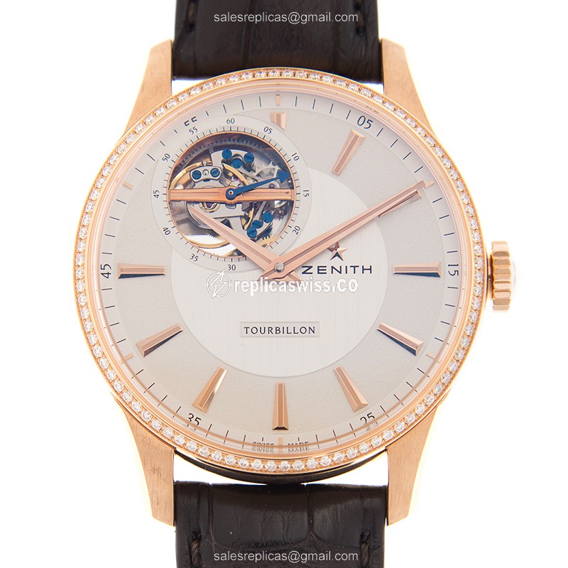 Zenith Commander Replica - Automatic - 18kt Rose Gold - Diamond bezel - Brown Alligator Strap