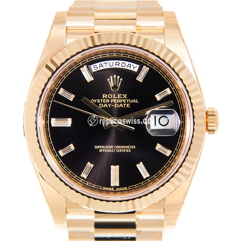 Rolex DAY-DATE Replica - 18kt Yellow Gold Case, Black Dial on Gold strap