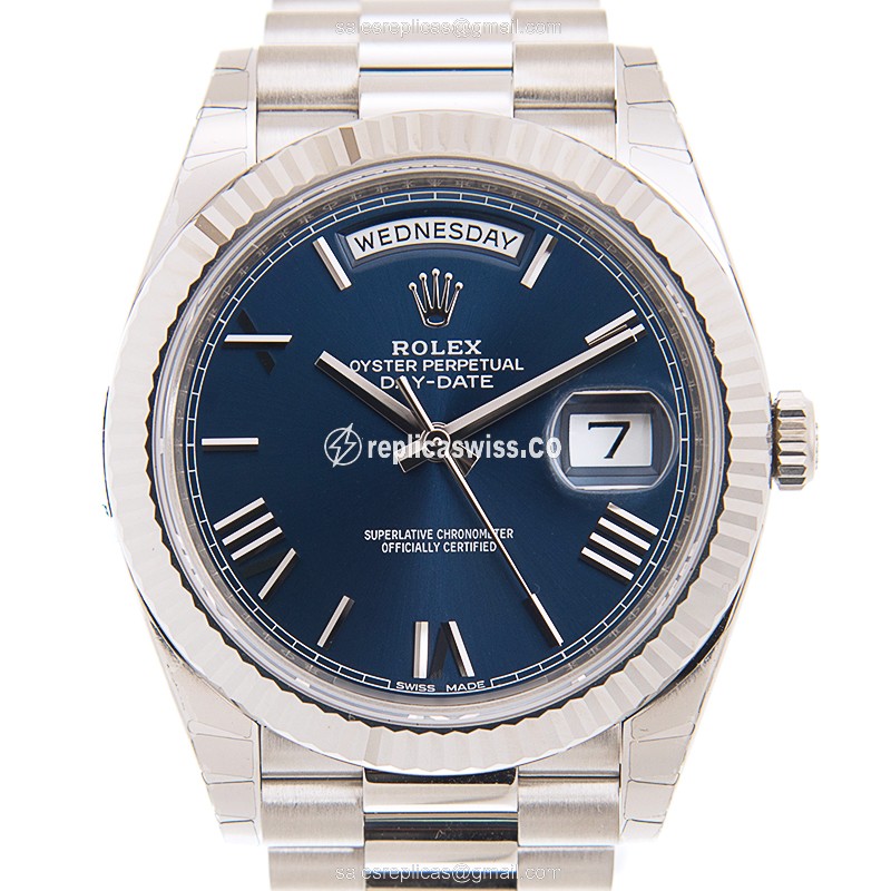 Rolex DAY-DATE Replica - Automatic - 18kt White Gold - Blue Dial - Silver Clasp - Luxury Replica DAY-DATE Watch