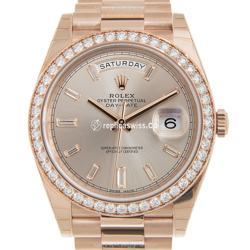Rolex DAY-DATE Replica - 18kt Rose Gold & Diamond - Automatic - Pink Dial