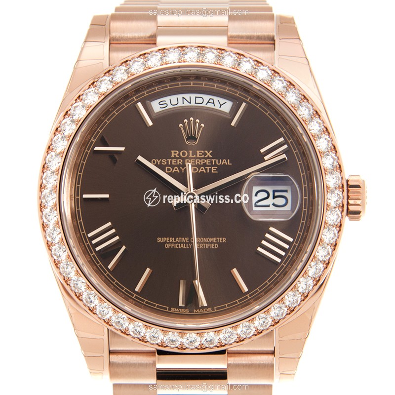Rolex Day-Date Replica | Automatic | 18kt Rose Gold Case | Diamonds | Brown Dial