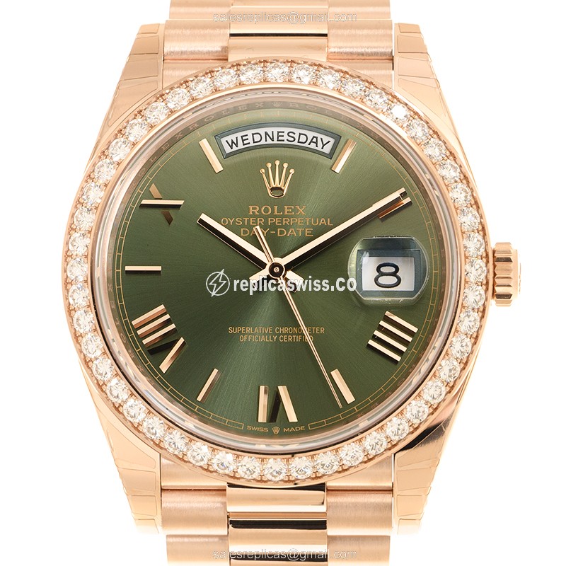 Rolex DAY-DATE Replica - Automatic - 18kt Rose Gold - Diamonds - Green Dial