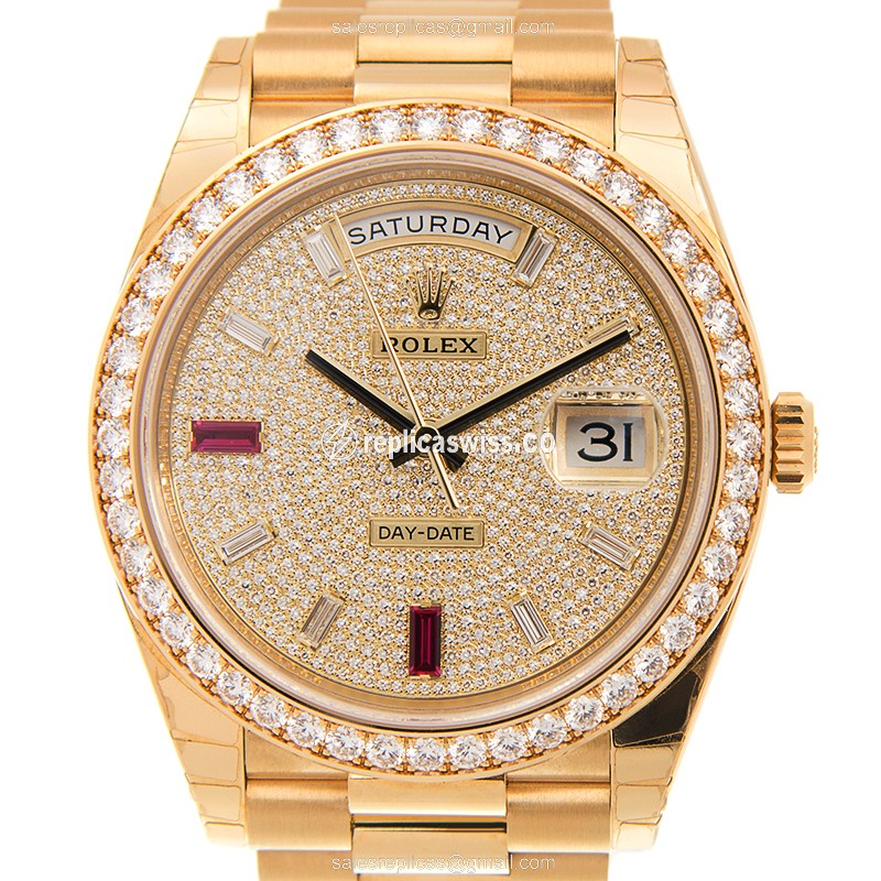 Rolex DAY-DATE Replica | Automatic | 18kt Gold Case, Diamond Bezel | Silver Dial