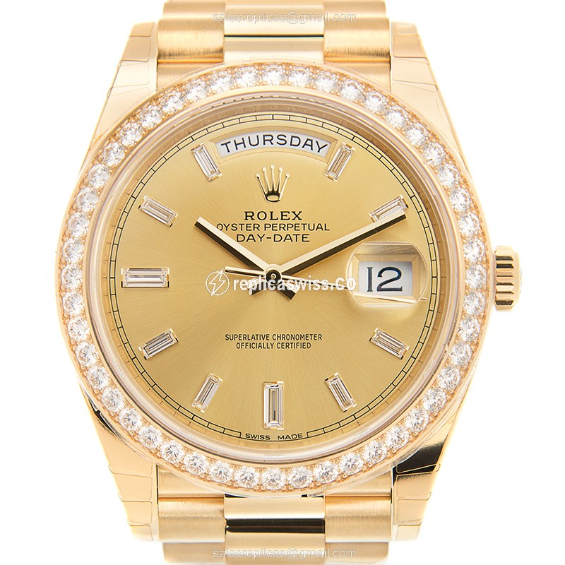 Rolex DAY-DATE Replica - Automatic - 18kt Gold Case - Diamond - Gold Dial & Clasp - Luxury Replica DAY-DATE Watch