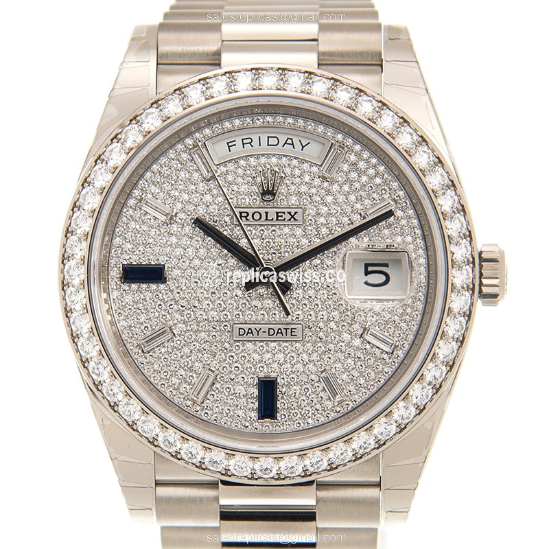 Rolex Day-Date Replica: Automatic 18kt White Gold - Silver Dial on Diamond Clasp