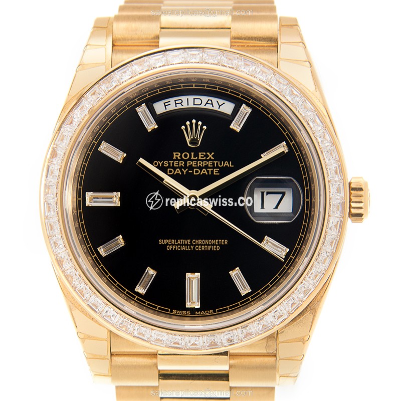 Rolex DAY-DATE Replica - Automatic - 18kt Gold Case - Diamond Bezel - Black Dial