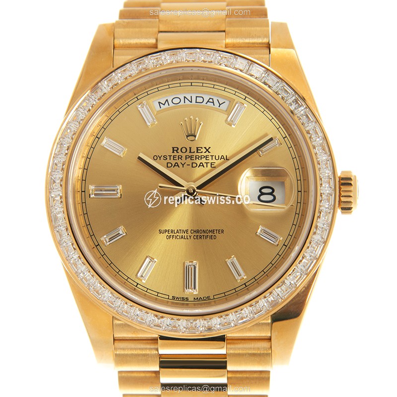Rolex DAY-DATE Replica - Automatic - 18kt Gold Case, Diamond Bezel - Gold Dial