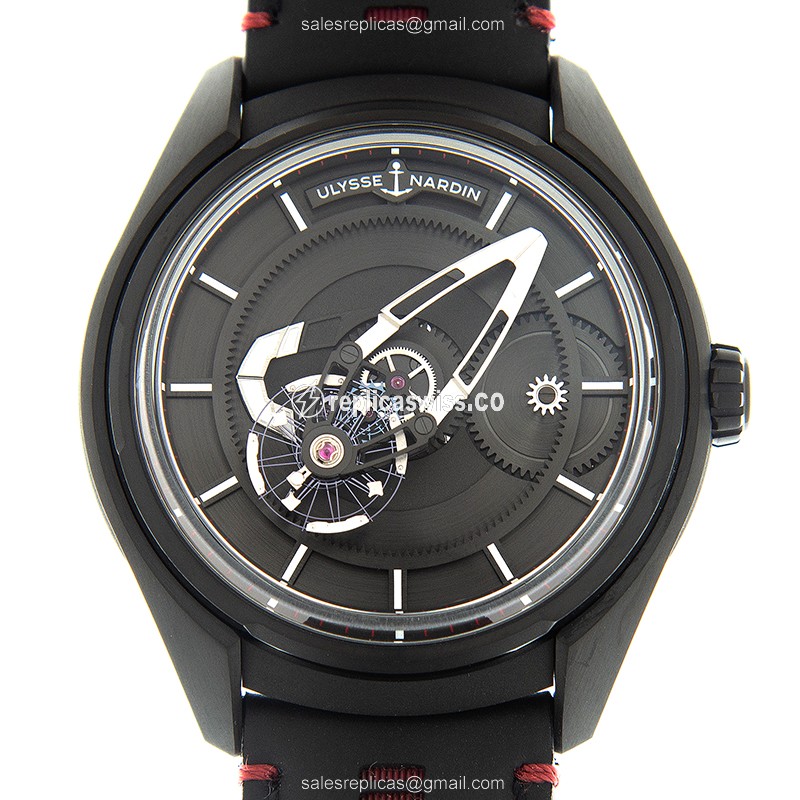 Ulysse Nardin Black Freak Replica - Automatic - Titanium Case - Black Dial - Leather Strap - Luxury Replica FREAK Watch