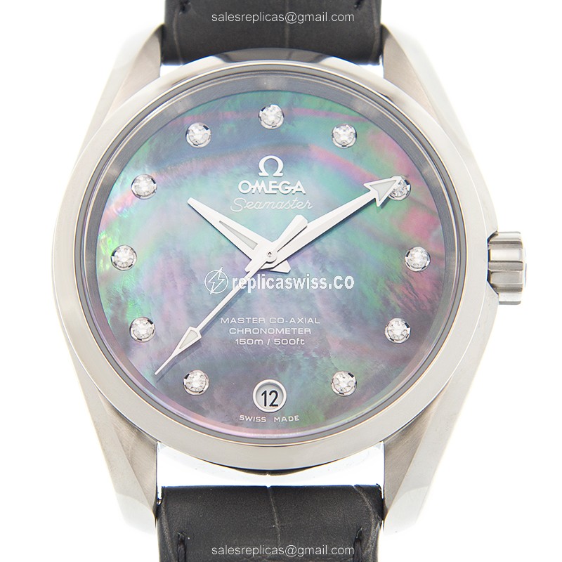 Omega Seamaster Replica - Automatic - Steel Case - Black Dial - Grey Leather Strap