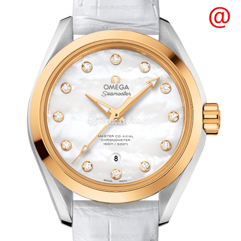 Omega Seamaster Replica - Automatic - 18kt Gold & Steel - White Dial - Alligator White Strap - Luxury Replica SEAMASTER Watch