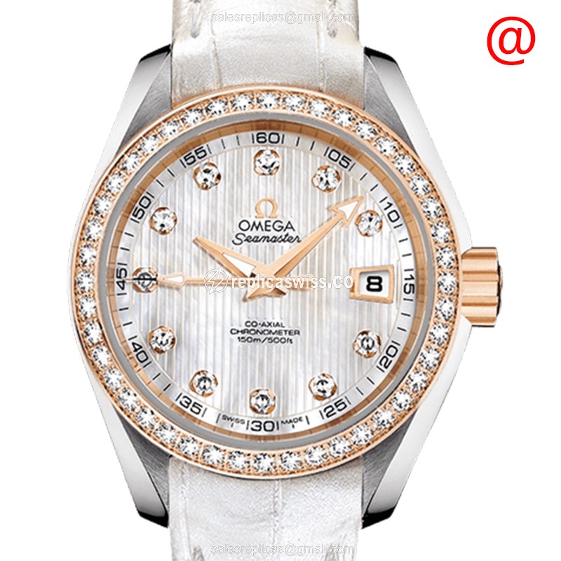 Omega Seamaster Replica - Automatic - 18kt Rose Gold - Diamond Case - Silver Dial - White Leather Strap