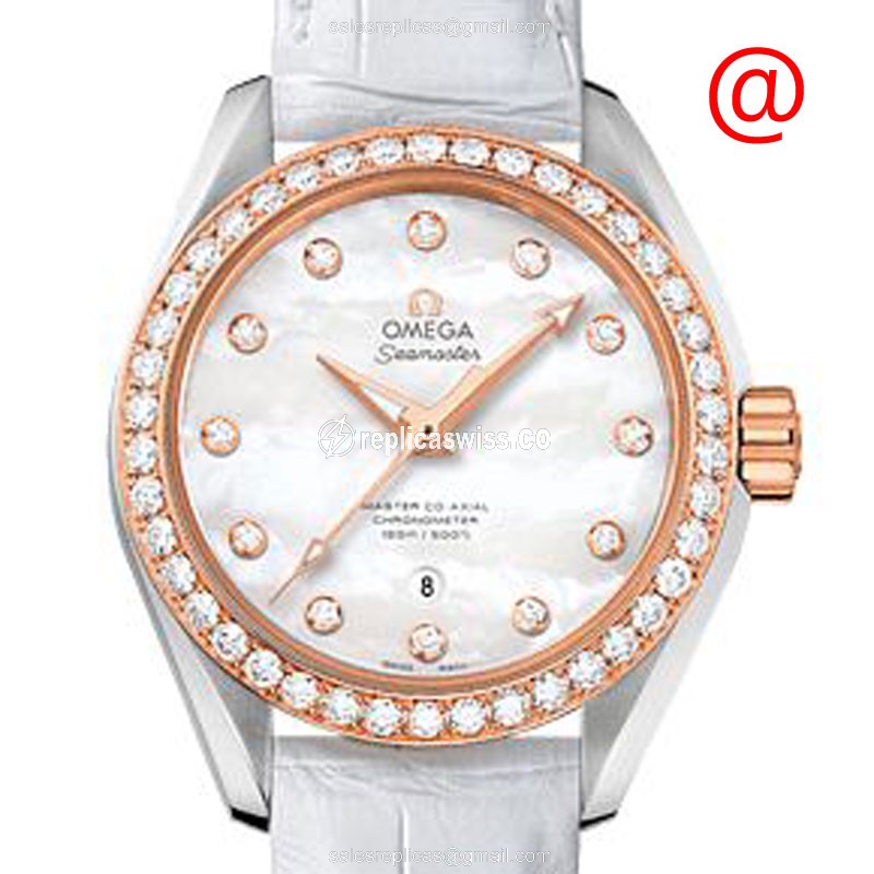 Omega Seamaster Replica - Automatic - 18kt Rose Gold - Diamond Bezel - White Dial - Leather Strap - Buckle Clasp - Luxury Replica SEAMASTER Watch