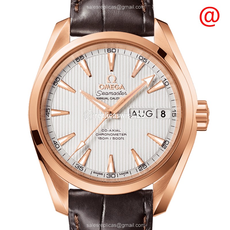 Omega Seamaster Replica - Automatic - 18kt Rose Gold - Silver Dial - Brown Leather Strap