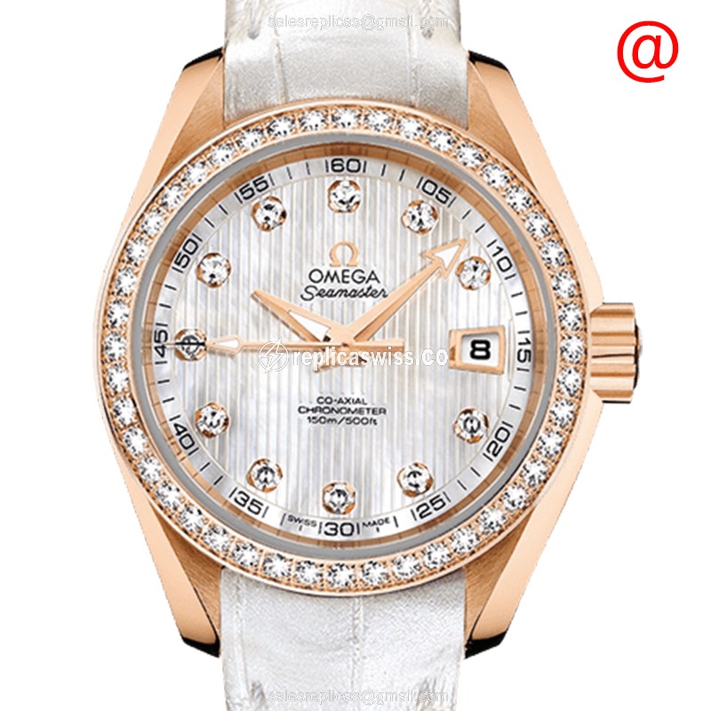 Omega Seamaster Replica - 18kt Rose Gold & Diamond - Automatic - White Dial - Leather Strap - Buckle Clasp