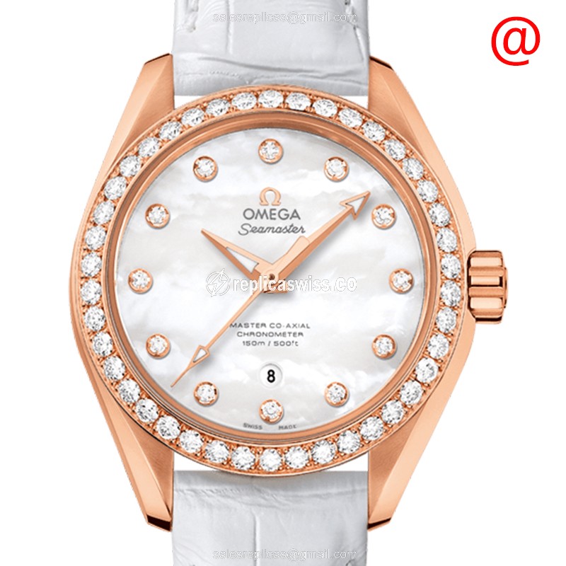 Omega Seamaster Replica - Automatic - 18kt Rose Gold - Diamonds - White Dial - Leather Strap - Buckle Clasp