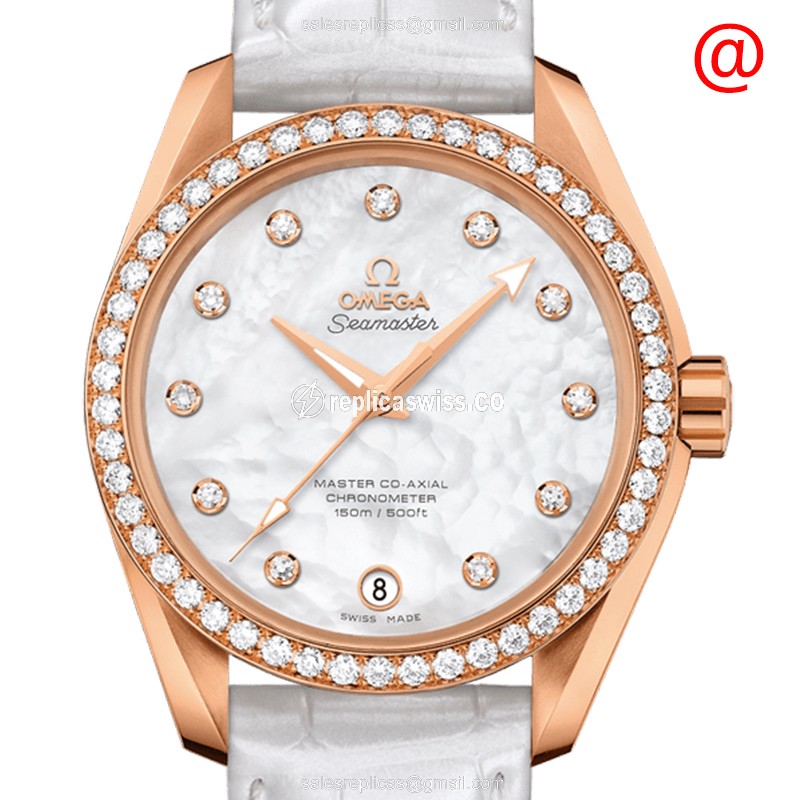 Omega Seamaster Replica - Automatic - 18kt Rose Gold - Diamonds - White Dial - Leather Strap