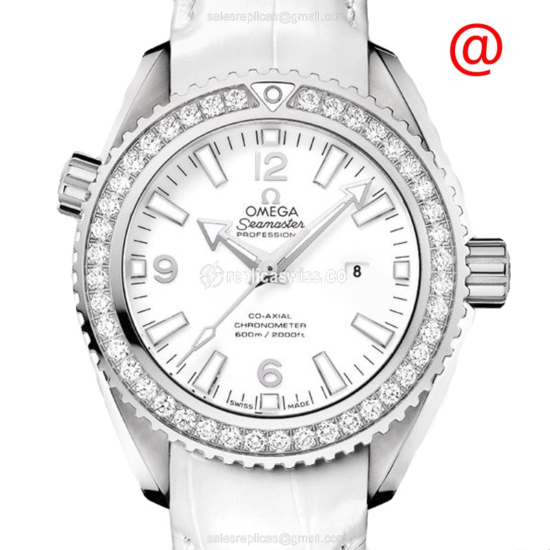 Omega Seamaster Replica - Automatic - Stainless Steel - White Dial & Diamond bezel - White Leather Strap - Luxury Replica SEAMASTER Watch