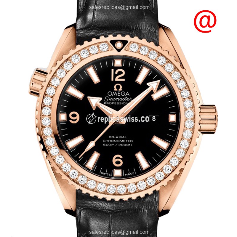 Omega Seamaster Replica | 18kt Rose Gold - Diamond Case | Black Dial | Leather Strap