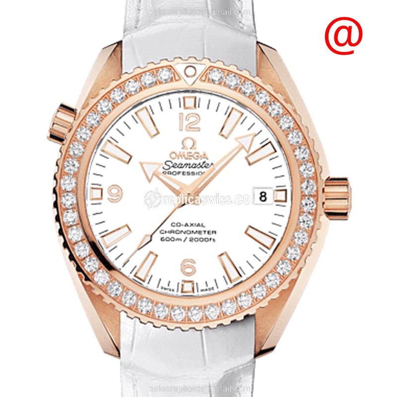 Omega Seamaster Replica - Automatic - 18kt Rose Gold - Diamonds - White Dial - Leather Strap