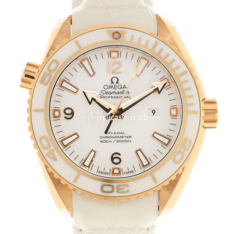 Omega Seamaster Replica - Automatic - 18kt Rose Gold - Ceramic Case - White Dial - White Cowhide Strap
