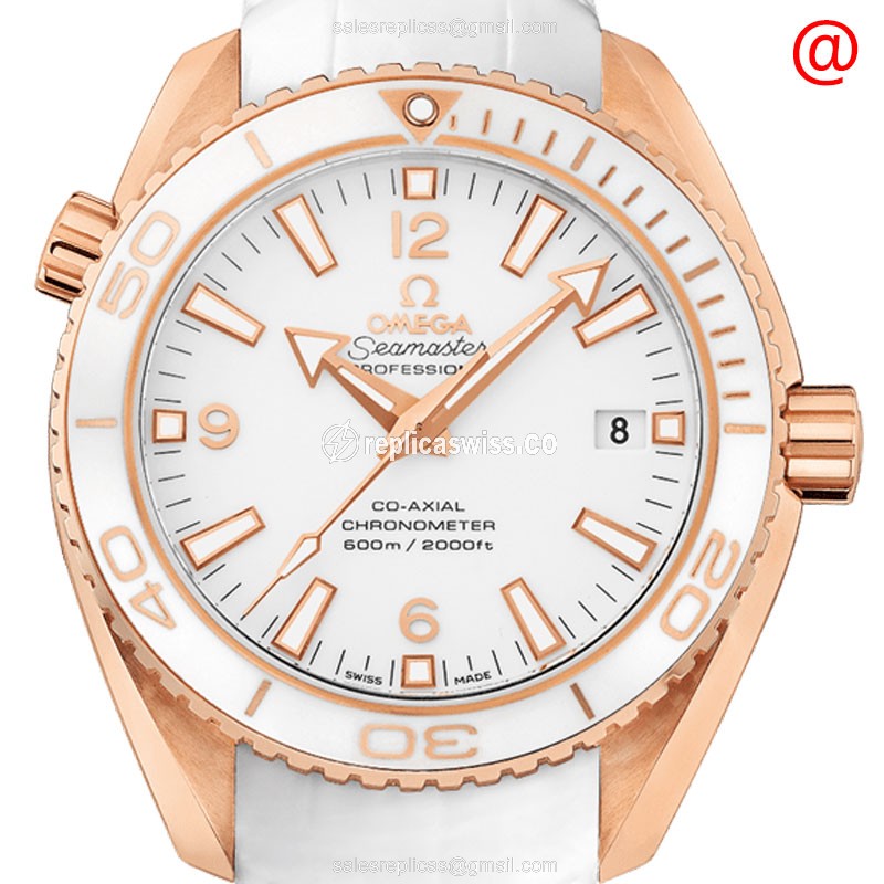 Omega Seamaster Replica - Automatic - 18kt Rose Gold - Ceramic Case - White Dial, White Cowhide Strap