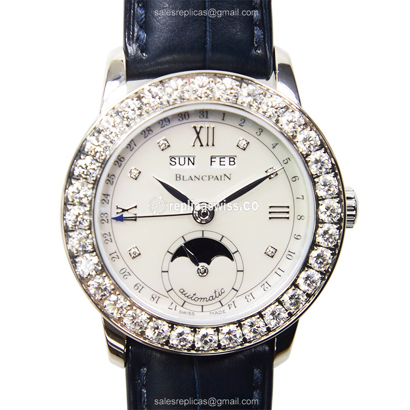 Blancpain Leman Replica - Auto - 18kt White Gold - Diamond - White - Blue Alligator - Buckle - Luxury Replica LEMAN Watch