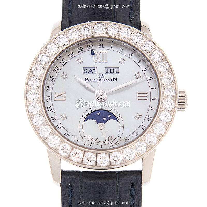 Blancpain LEMAN Replica - Automatic - 18kt White Gold - Diamond - White Dial - Blue Alligator Strap - Luxury Replica LEMAN Watch