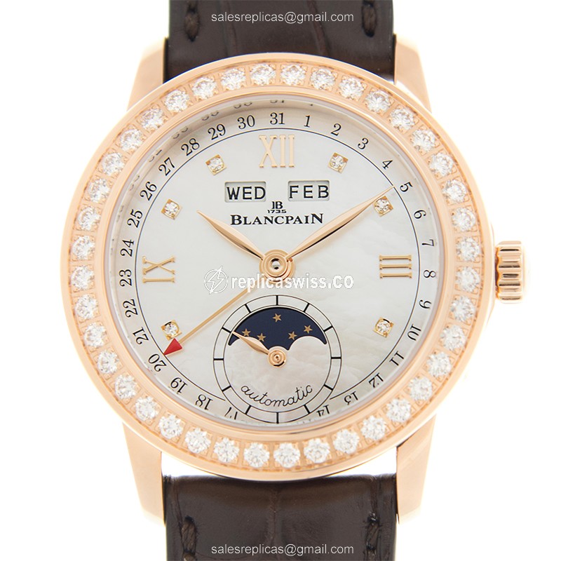 Blancpain 2360-2991A-55A Replica - Auto - 18kt Rose Gold - Diamonds - White Dial - Brown Alligator Buckle