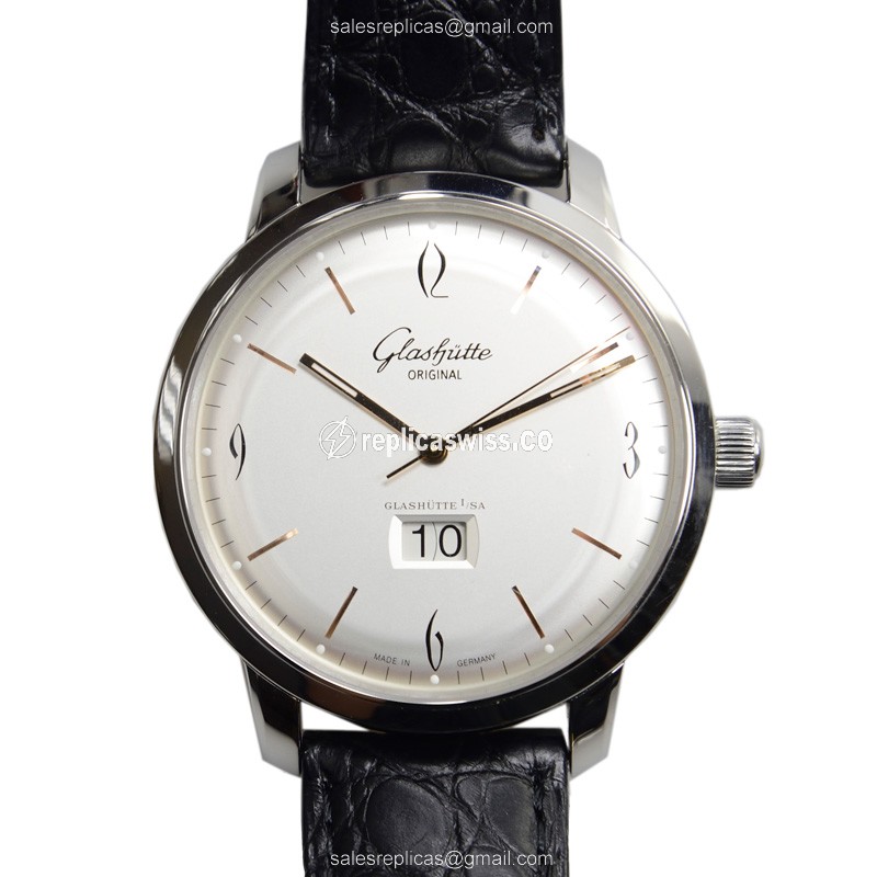 Glashutte Senator Panorama Date Replica - Automatic - Stainless Steel - Silver Dial - Black Alligator Strap - Luxury Replica SENATOR PANORAMA DATE Watch