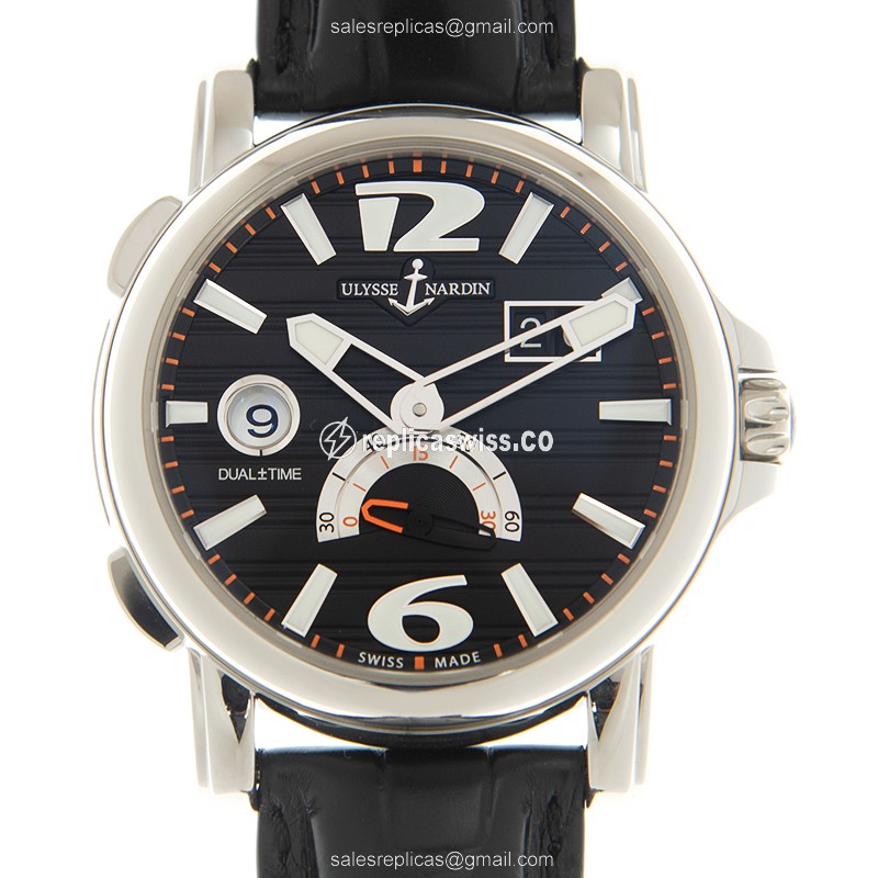 Ulysse Nardin 243-55/62 Replica - Dual Time - Automatic - Steel Case - Black Dial, Leather Strap - Buckle Clasp - Luxury Replica DUAL TIME Watch
