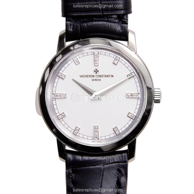 Vacheron Constantin TRADITIONNELLE Replica - Quartz - 18kt White Gold - White Dial - Black Alligator Buckle