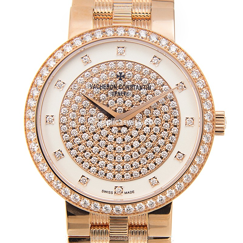 Vacheron Constantin 25553 Quartz - 18kt Rose Gold - Diamond Dial - Gold Strap