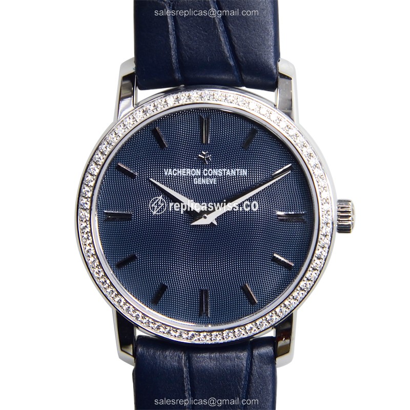 Vacheron Constantin 25558/000G-9758 TRADITIONNELLE Quartz 18kt White Gold - Blue Dial - Diamond Clasp - Alligator Blue Strap - Luxury Replica TRADITIONNELLE Watch