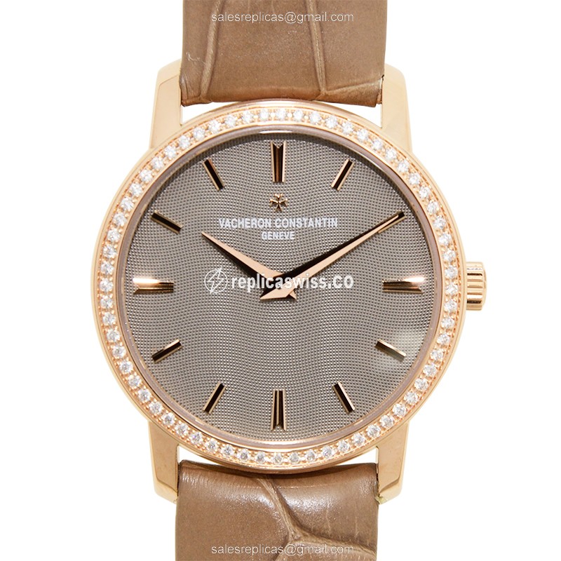 Vacheron Constantin 25558/000R-9759 TRAD. Quartz 18kt Rose Gold & Diamond Dial - Brown Alligator Buckle