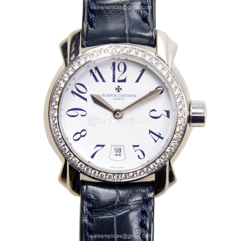 Vacheron Constantin 25715/000G-8898 Replica - Manual Wind - 18kt White Gold - Diamond Set - White Dial - Black Alligator Strap
