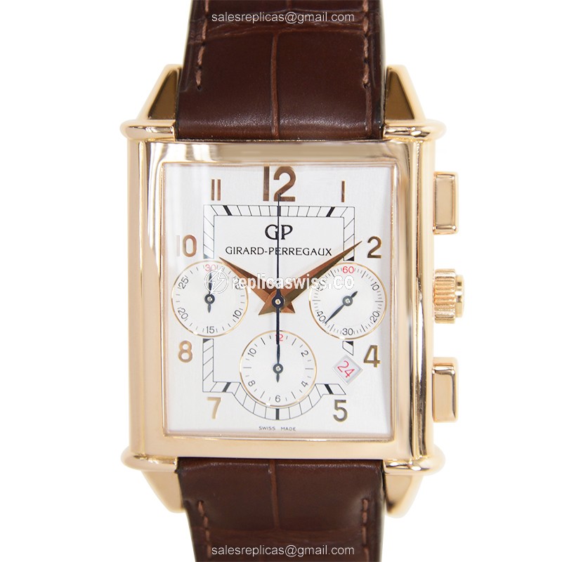 Girard Perregaux 25840-52-111BAED Replica - Automatic - 18kt Rose Gold - White Dial - Leather Brown Strap
