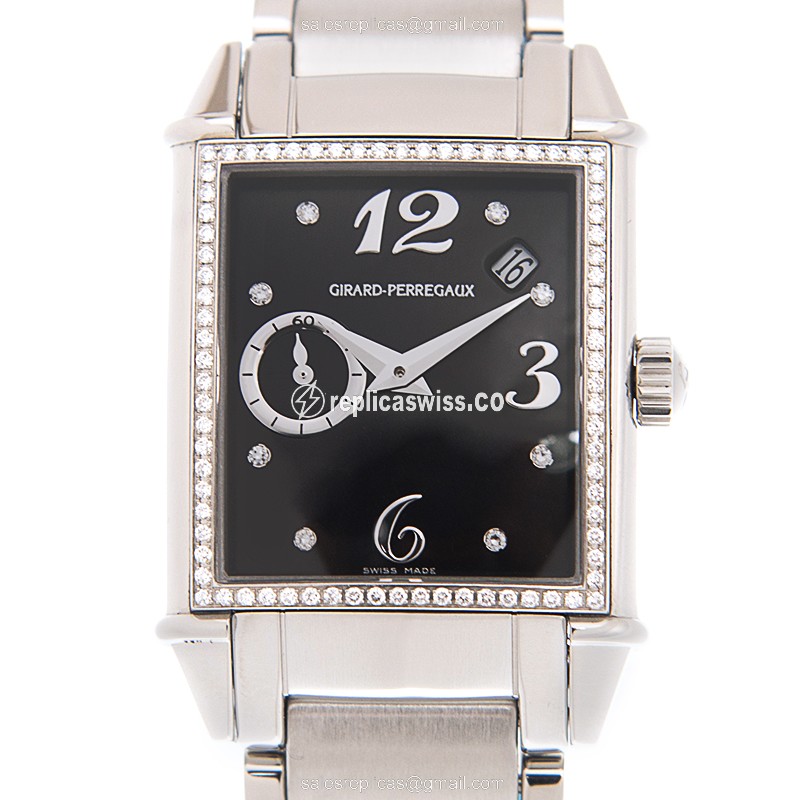 Girard Perregaux 1945 Replica - Automatic - Diamond Case - Black Dial - Silver Steel Strap