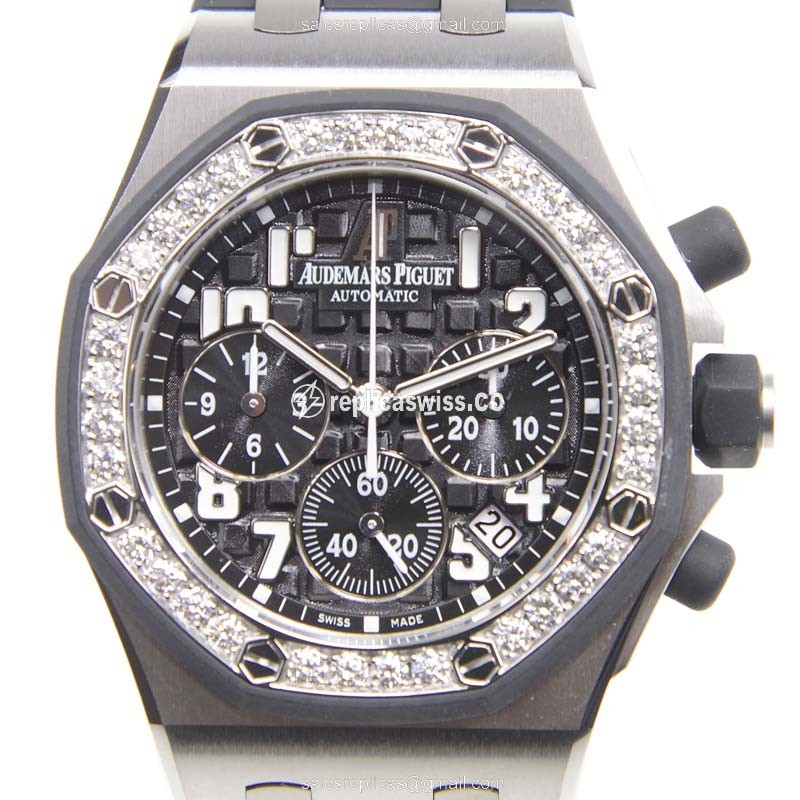 Royal Oak Offshore Replica - Audemars Piguet - Automatic - Stainless Steel & Diamond - Black Dial - Rubber Strap