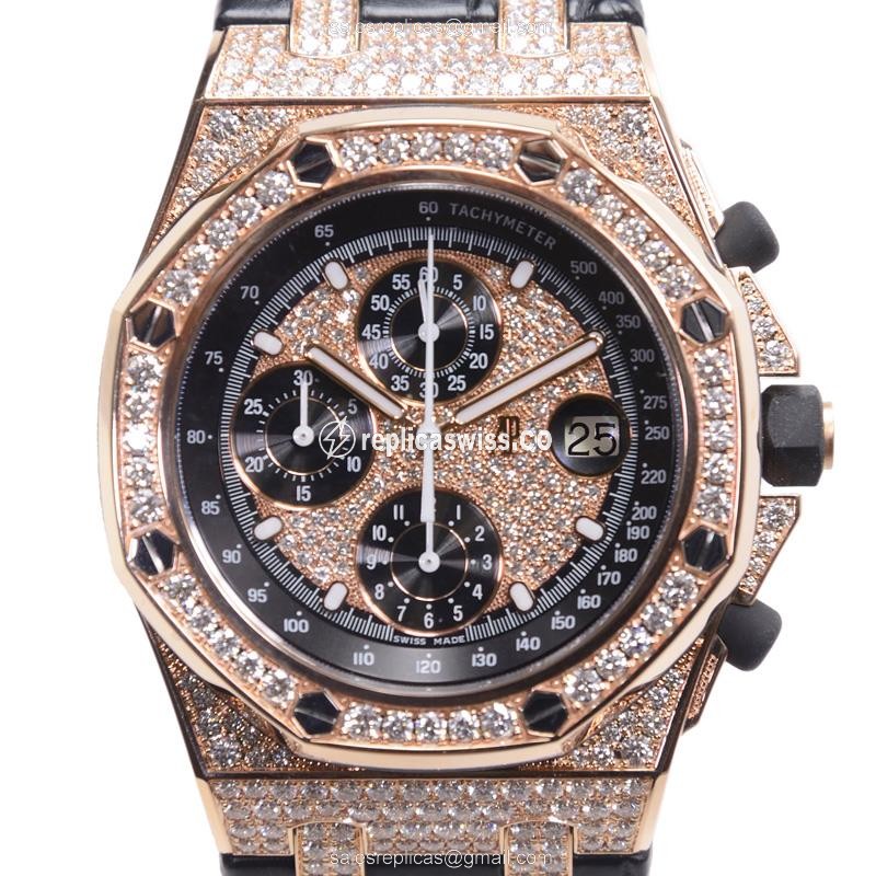 Audemars Piguet ROYAL OAK Replica - Automatic - 18kt Rose Gold - Diamond Dial - Black Alligator Strap