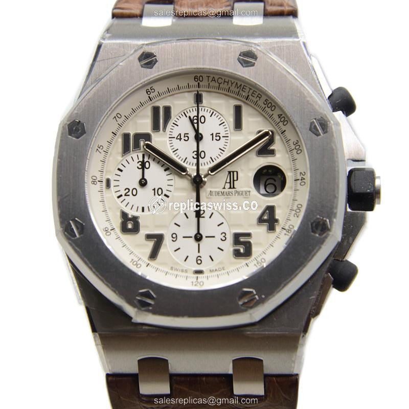Audemars Piguet ROYAL OAK OFFSHORE - Automatic - Steel Case - White Dial - Brown Alligator Strap