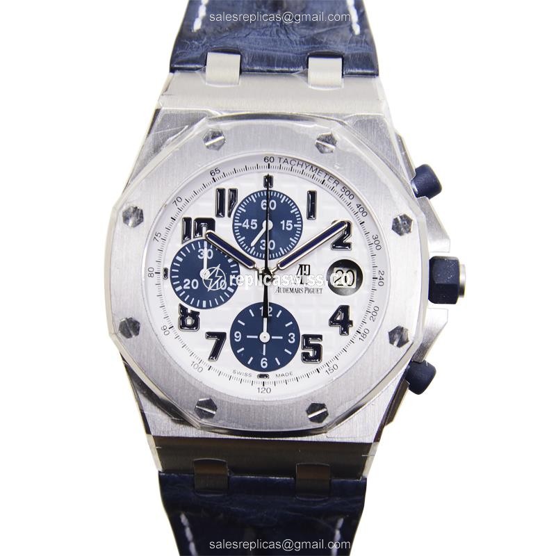 AP Royal Oak Offshore Replica - Automatic - Steel Case - White Dial - Blue Alligator Strap - Premium Replica ROYAL OAK OFFSHORE Replica Watch - Front View