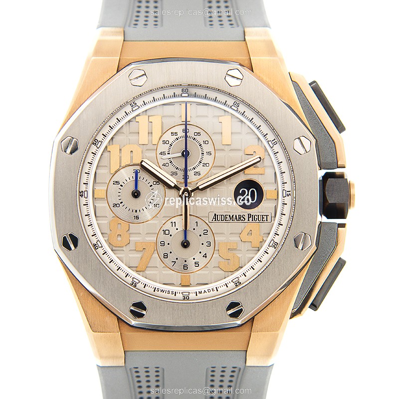 ROLEX Replica Royal Oak Offshore - Manual - 18kt Rose Gold - Steel - Silver Dial - Black Rubber Strap - Buckle - Luxury Replica ROYAL OAK OFFSHORE Watch