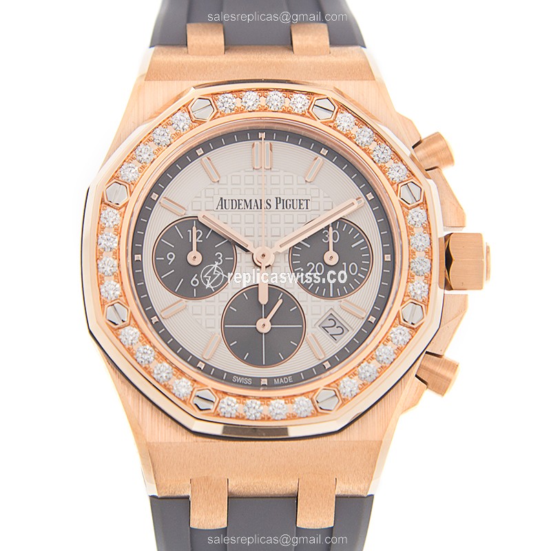 Audemars Piguet Royal Oak Offshore Replica - Automatic - 18kt Rose Gold & Diamonds - Silver Dial - Grey Rubber Strap