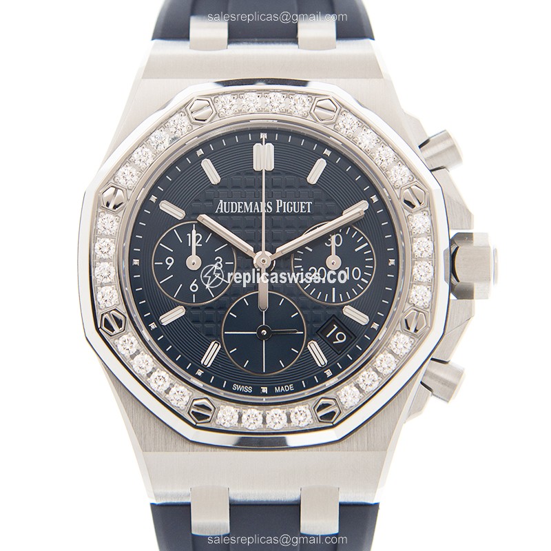 Audemars Piguet Royal Oak Offshore Replica - Automatic - Stainless Steel & Diamonds - Blue Dial - Rubber Strap