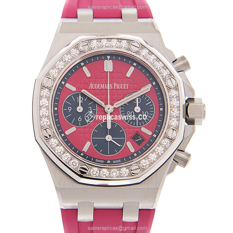 Audemars Piguet Royal Oak Offshore Replica - Automatic - Stainless Steel - Pink Dial & Diamonds - Rubber Strap