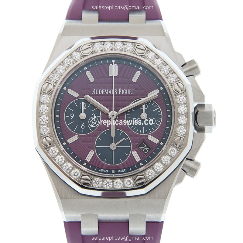 Audemars Piguet ROYAL OAK OFFSHORE Replica - Automatic - Diamond Case - Purple Dial - Rubber Strap
