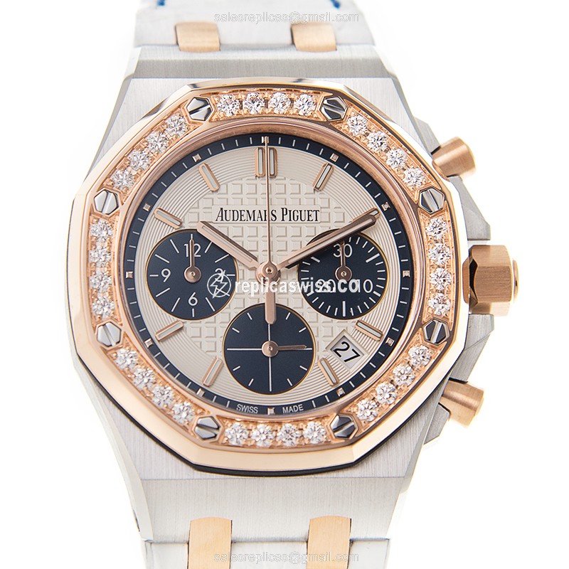 Rolex ROYAL OAK Replica - Automatic - Rose Gold - Diamonds - Silver Dial - Alligator White Strap - Luxury Replica ROYAL OAK OFFSHORE Watch