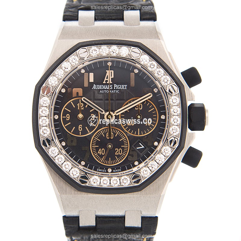 Audemars Piguet Royal Oak Replica - Automatic - Stainless Steel & Diamond - Black Dial - Alligator Black Clasp