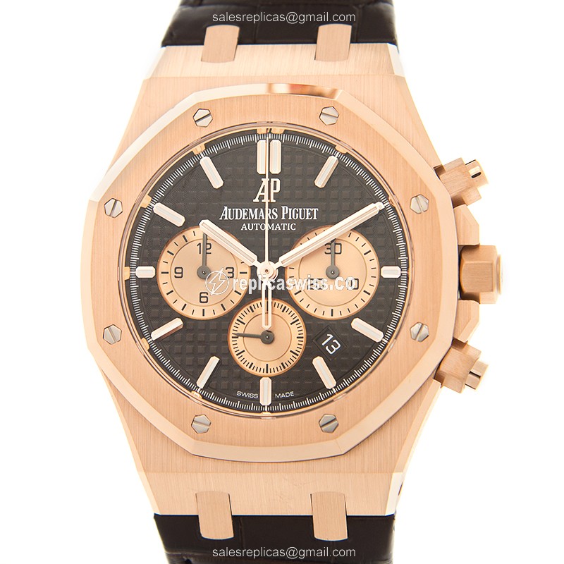 Audemars Piguet Royal Oak Replica - Automatic 18kt Rose Gold - Brown Dial, Alligator Strap